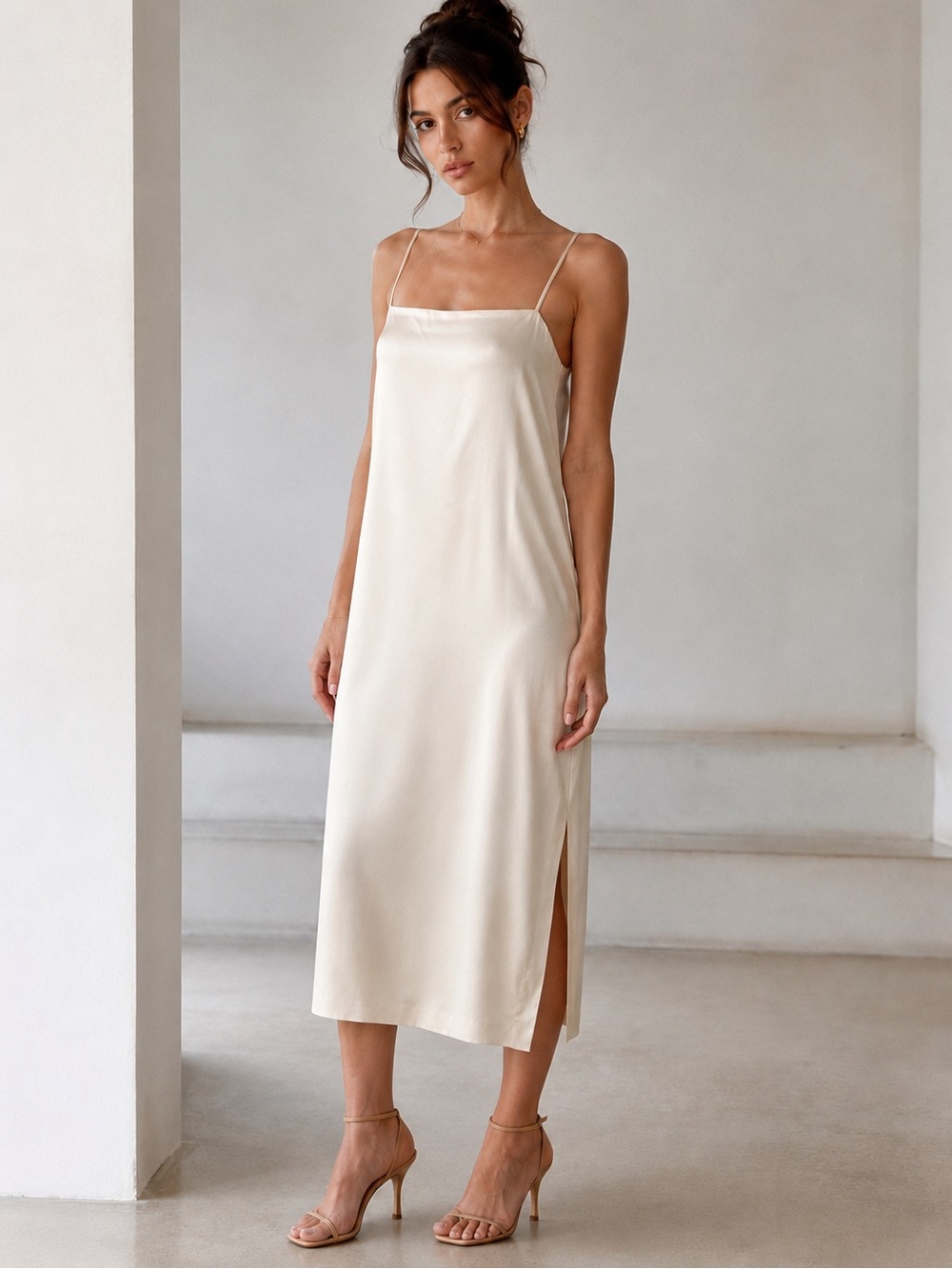 Vintage PAVE New York Beverly Hills 100% Silk Ivory Slip Midi Dress Size 6